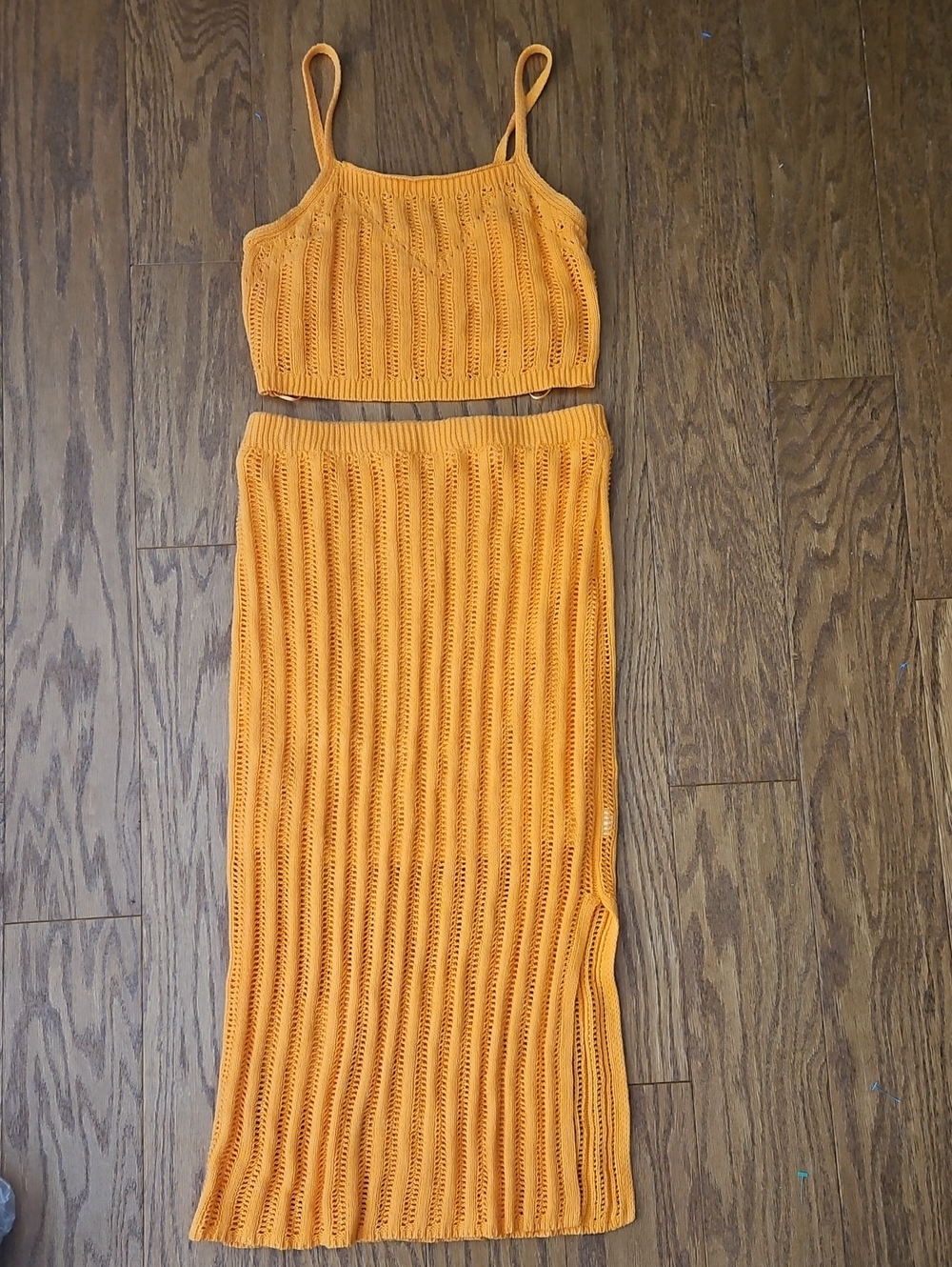 Freshman 1996 Orange Crochet Knit Two-Piece Crop Top & Maxi Skirt Set - M